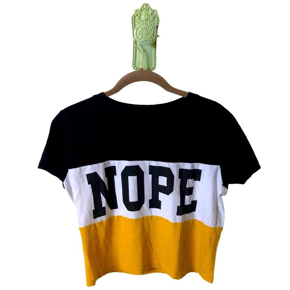 𝅺Black Yellow White Bold Color Block Wide Stripe Crop Boxy Tee Nope Graphic Med